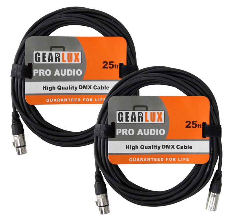 Gearlux DMX Cable, 3 Pin, Male to Female, 25 Feet - 2 Pack - Image 1
